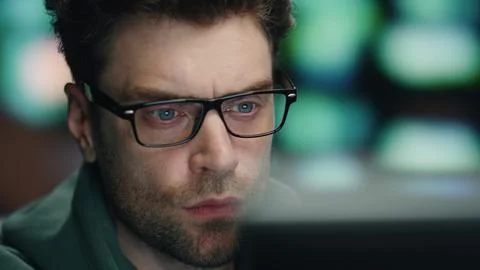 Professional coder working computer technical room closeup. Software developer Stockfoto's