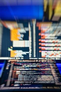Professional Coding Workspace With Source Code, Software Engineering and Data Fotos Stock