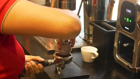 Professional Coffee Grinding Process with Barista Dosing Grounds at Specialty Stock Footage 336186147