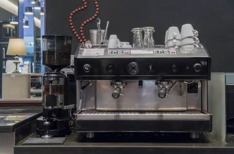 Professional coffee machine making close up in restaurant Stock Photos