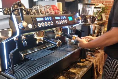 Professional coffee machine for making espresso in a cafe Stock Photos