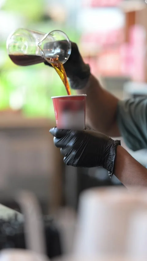 Professional Coffee Making: Pouring Milk for Latte Art with Gloves Stock Footage 320774363