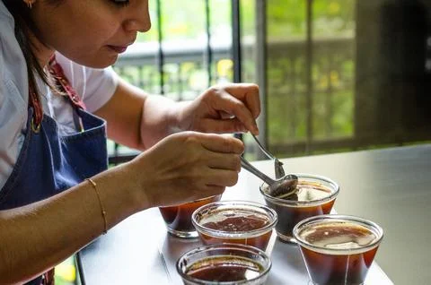 Professional coffee taster testing new smells and flavors. Stock Photos