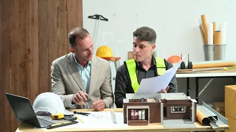 Professional collaboration in architecture. Two engineers work on construct.. Stock Footage 313705681