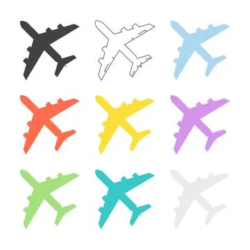 A professional collection of nine airplane vector icons presented in diverse Illustrazione stock