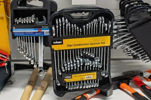 Professional Combination Spanner Sets On Store Shelf Stock Photos