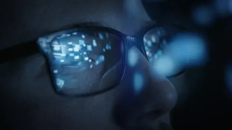 Professional Computer Screen Light Reflection In Eyeglasses Dark Room Digital Stock Footage 297322823