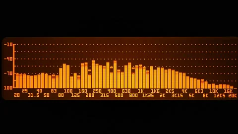 The professional concert equalizer has a yellow spectrum analyzer on the display Stock Footage 142294611