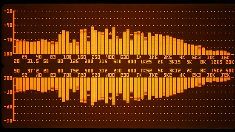 The professional concert equalizer has a yellow spectrum analyzer on the display Stock Footage 142294993