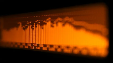 The professional concert equalizer has a yellow spectrum analyzer on the display Stock Footage 142306020