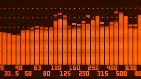 The professional concert equalizer has a yellow spectrum analyzer on the display Stock Footage 142321725