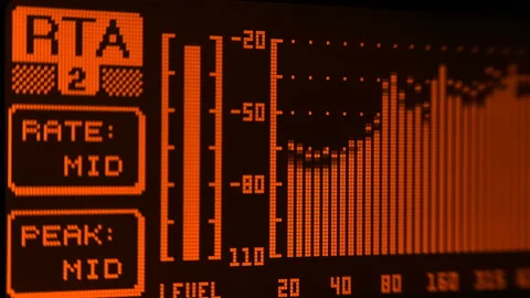 The professional concert equalizer has a yellow spectrum analyzer on the display Stock Footage 142333010