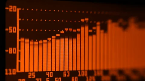 The professional concert equalizer has a yellow spectrum analyzer on the display Stock Footage 142334225