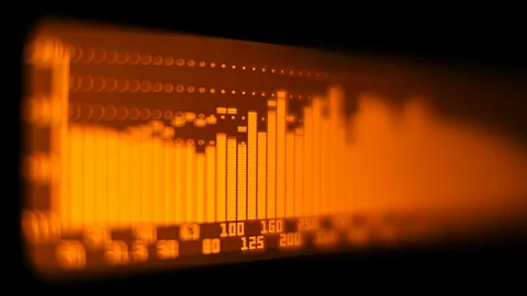 The professional concert equalizer has a yellow spectrum analyzer on the display Stock Footage 142335665