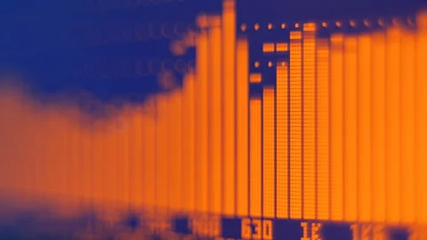 The professional concert equalizer has a yellow spectrum analyzer on the display Stock Footage 142337122