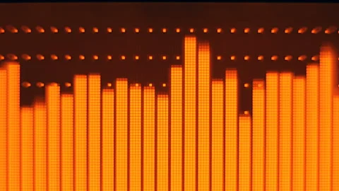 The professional concert equalizer has a yellow spectrum analyzer on the display Stock Footage 142337949
