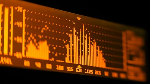 The professional concert equalizer has a yellow spectrum analyzer on the display Stock Footage 142356980