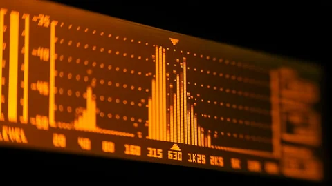 The professional concert equalizer has a yellow spectrum analyzer on the display Stock Footage 142360264