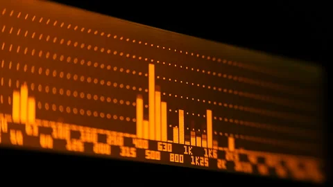The professional concert equalizer has a yellow spectrum analyzer on the display Stock Footage 142363914