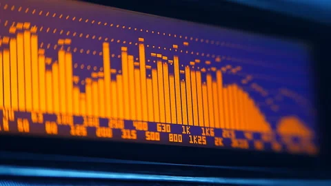 The professional concert equalizer has a yellow spectrum analyzer on the display Stock Footage 142381645