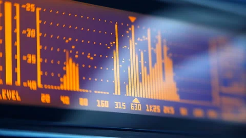 The professional concert equalizer has a yellow spectrum analyzer on the display Stock Footage 142399129
