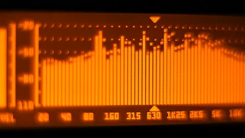 The professional concert equalizer has a yellow spectrum analyzer on the display Stock Footage 142412057
