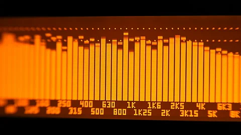 The professional concert equalizer has a yellow spectrum analyzer on the display Stock Footage 142412192