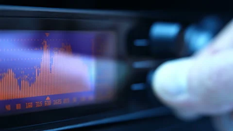 The professional concert equalizer has a yellow spectrum analyzer on the display Stock Footage 142412911