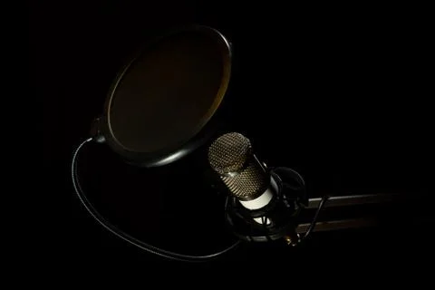 Professional condenser studio microphone on the black background Stock Photos