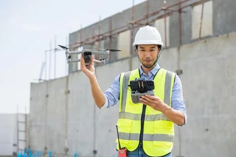 Professional construction engineer builder using UAV Drone to help assist c.. Stock Photos