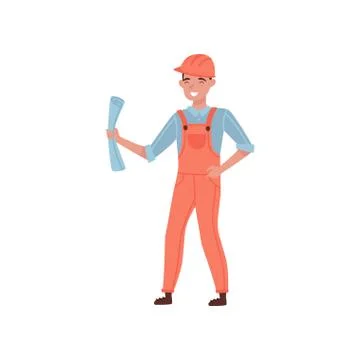 Professional construction engineer holding blueprint in hand. Young man in イラスト素材