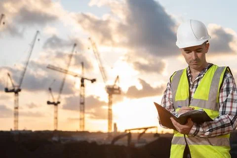 Professional construction engineer standing with a notebook Stock Photos