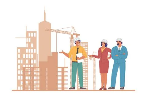 Professional construction engineers and architects in helmets, flat vector Stock Illustration