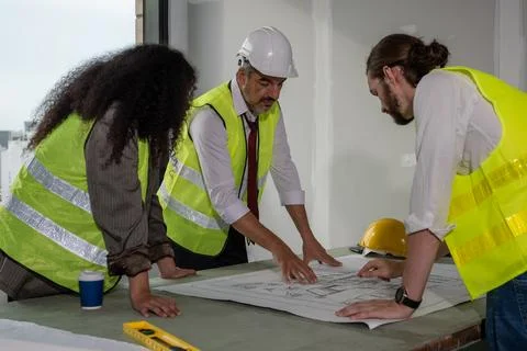 Professional construction engineers team using blueprint of project plan Foto stock