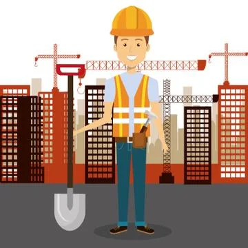 Professional construction man character with cityscape background イラスト素材