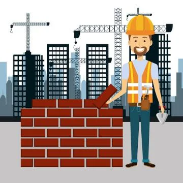 Professional construction man character with cityscape background 스톡 일러스트
