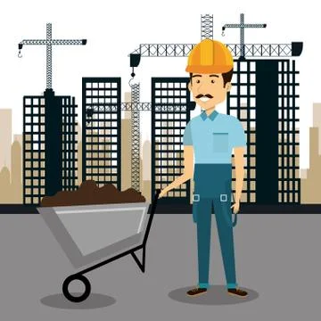 Professional construction man character with cityscape background Illustrazione stock