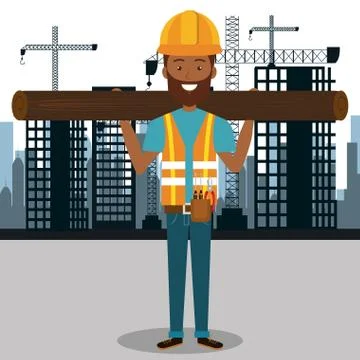 Professional construction man character with cityscape background 스톡 일러스트