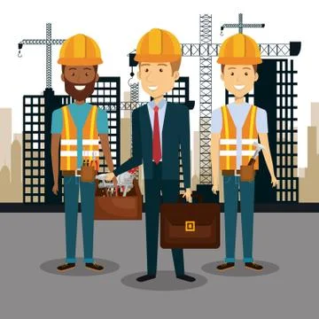 Professional construction people characters with cityscape background 스톡 일러스트