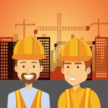Professional construction people characters with cityscape background Stock Illustration