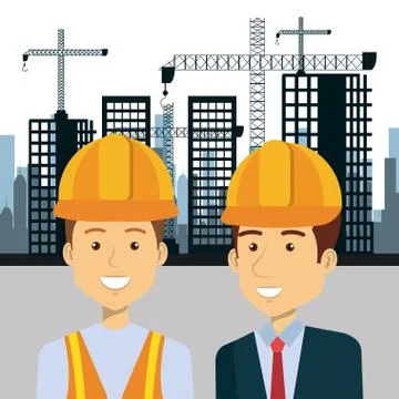 Professional construction people characters with cityscape background 스톡 일러스트