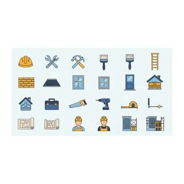 Professional construction tool and safety worker flat icon set Stock Illustration