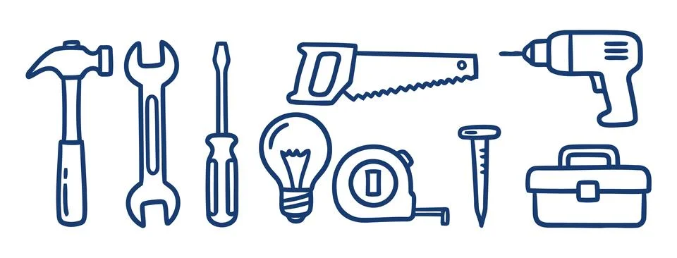 Professional Construction Tools Icon Set with Hammer Drill Saw and Measurin.. Stock Illustration