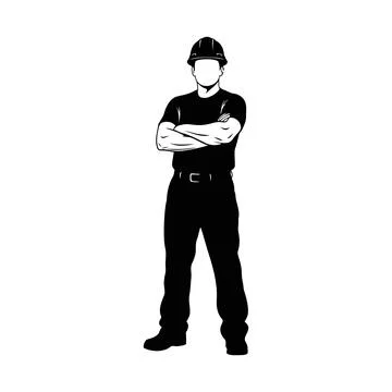 Professional Construction Worker Standing Confidently with Arms Crossed Wea.. Illustrazione stock