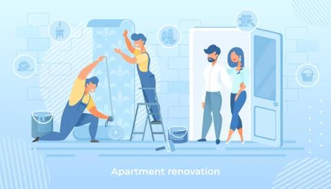 Professional Construction Workers Glue Wallpaper Stock Illustration