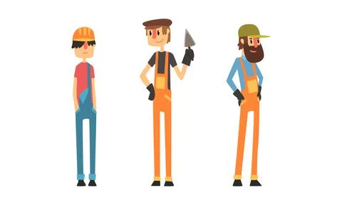 Professional Construction Workers Set, Man Builders in Overalls Cartoon Vector 스톡 일러스트