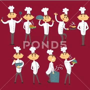 Professional Cook In Classic Double Breasted White Jacket And Toque Preparing Stock Illustration