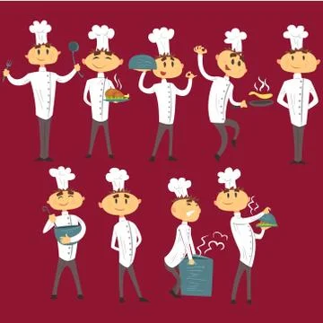 Professional Cook In Classic Double Breasted White Jacket And Toque Preparing Stock Illustration