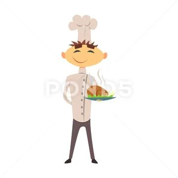 Professional Cook In Classic Double Breasted White Jacket And Toque With Roasted Stock Illustration