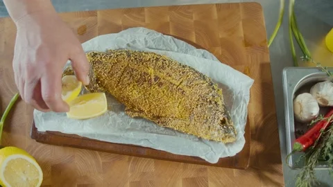 Professional Cook Stylishly Serving Batter Fried Fish on a Wooden Board. Stock Footage 196258973